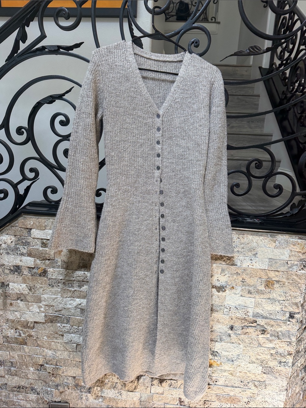 Knit Button-Front Duster in Light Taupe